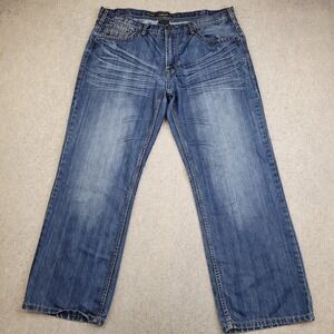 Helix Jeans Mens 38x30 Loose Straight Thick Stitch Blue Whiskered Y2K Vintage